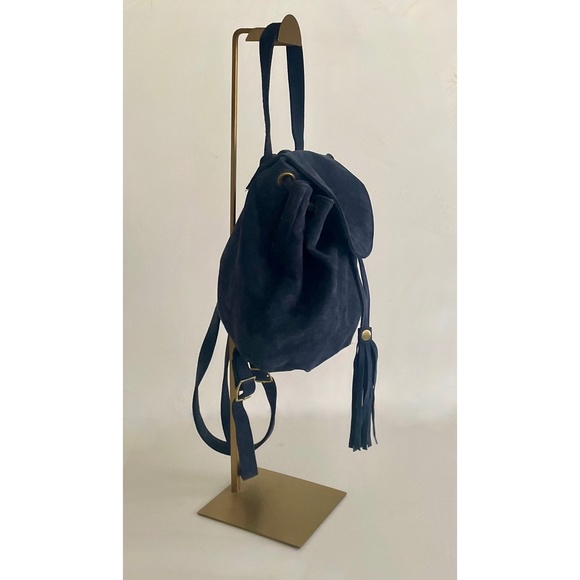 Anthropologie JJ WINTERS Cayden Blue Suede Backpack Purse Tassel Solid Boho - Picture 6 of 9